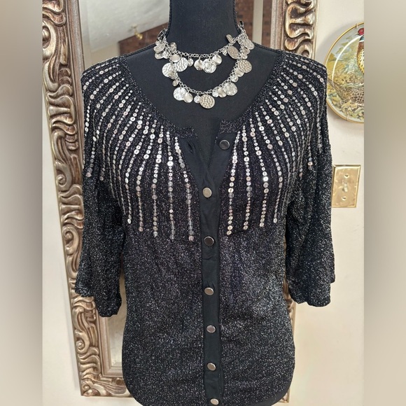 HAROLDS LUXURY BLACK DRESSY CARDIGAN SILVER SEQUINS METALLIC THREAD TOP SZ M - Picture 10 of 11